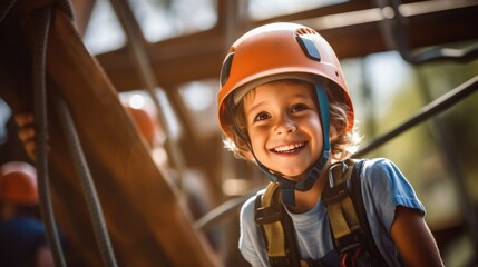 Happy child enjoying activity in climbing adventure in the park. Outdoor activity concept.