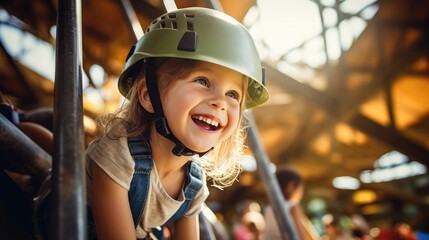 Happy child enjoying activity in climbing adventure in the park. Outdoor activity concept.