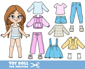 Cartoon long hair braided girl and clothes separately -  tracksuit, shorts, skirt with straps, jacket, shirt, jeans and sneakers doll for dressing