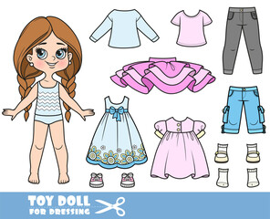 Cartoon long hair braided girl and clothes separately -  summer dress,tutu skirt, shirt, jeans and sneakers doll for dressing