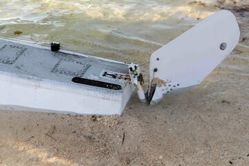 The pontoon and rudder of a float plane touches the sandy beach in Key West, Florida