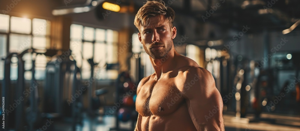 Canvas Prints Fit young man working out shirtless at a modern gym for a healthy lifestyle, focusing on cardio and building abs with weights.