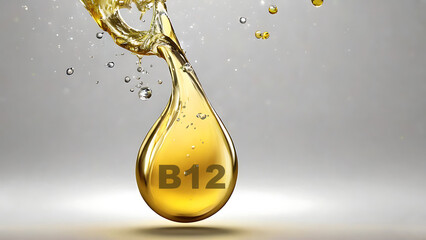Embark on a visual journey through this high-speed photographic marvel, a suspended golden droplet resembling a liquid sunbeam. As surface tension elegantly showcases the droplet's form Vitamin B12