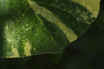 Photo background , water drop or dew on yellow green leaf . Embun