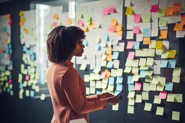 African American Businesswoman Creating Project Plan on Office Wall with Paper Notes