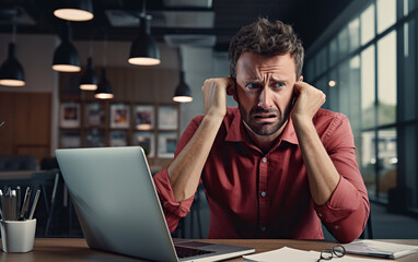 An anxious stressed red in face frustrated 35 year old man sitting at a desk in the style of imaginative office scenes looking at the camera