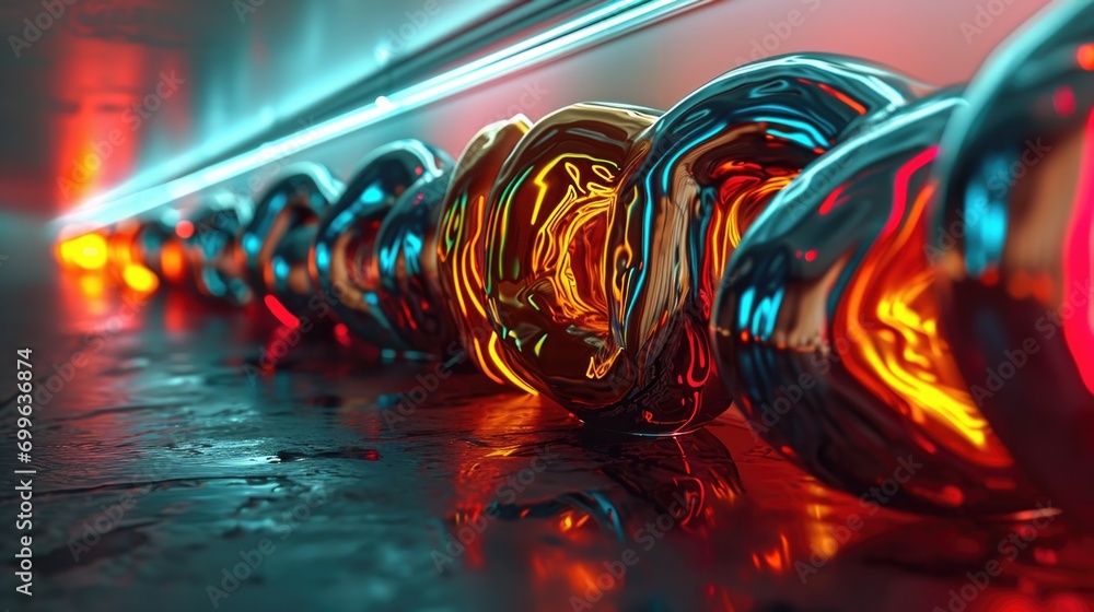 Poster a row of shiny objects are lined up on a wall, ai