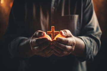 Christianity hands holding religious cross. Pray to god - obrazy, fototapety, plakaty
