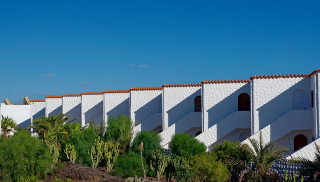 H&auml;userzeile in traditioneller Bauweise mit gr&uuml;nem Garten und blauem Himmel