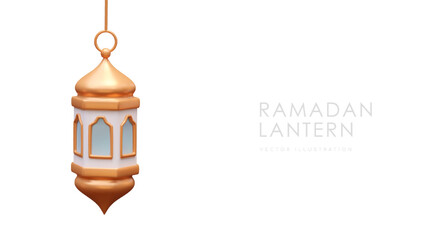 Poster with gold lantern in realistic style. Religious lighting item for celebrating Ramadan with gold elements. Vector illustration in 3d style with white background