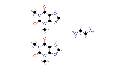 aminophylline molecule, structural chemical formula, ball-and-stick model, isolated image nonselective adenosine receptor antagonist