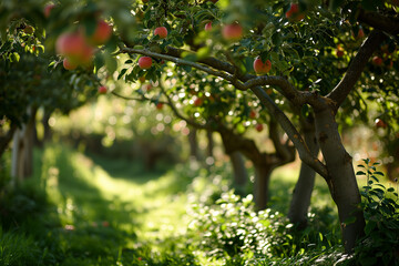 Apple tree garden. National apple day. Ripe apple harvest