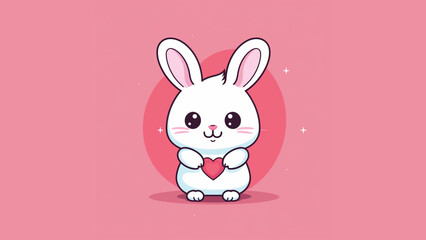 rabbit holding a big heart, ragiit color is pink, vector icon simple line, bold line, background white, flat color, cute