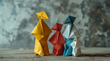 Family-shaped origami photography concept with a minimalist style. Using light from one direction as lighting.