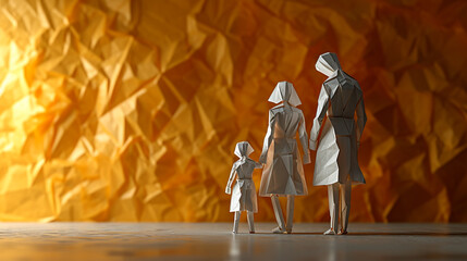 Family-shaped origami photography concept with a minimalist style. Using light from one direction as lighting.