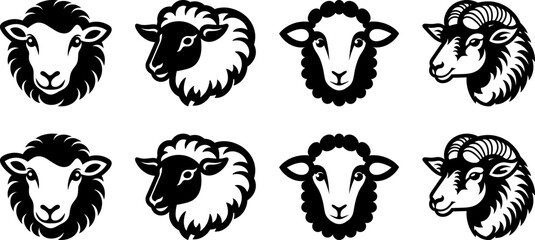 sheep head black white vector logo set