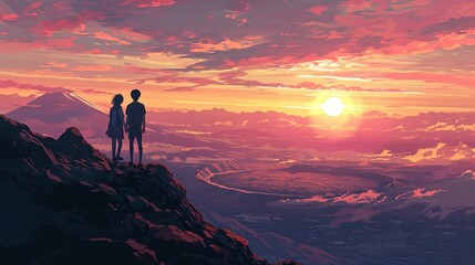 illustration of a couple sharing a sunrise at the edge of Mount Bromo's caldera