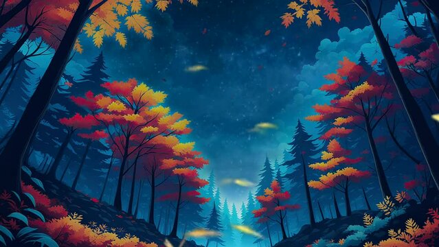 the beauty of the autumn forest with butterflies flying and a sky full of stars