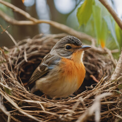 Fototapeta premium Wildlife little bird in nest on the tree, Generative AI illustration