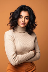 Obraz premium Young woman wearing turtleneck sweater.