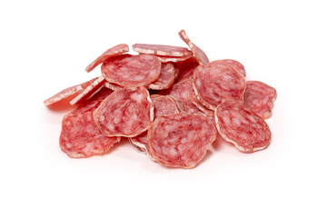 Tasty salami slices isolated on a white background.