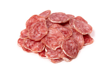 Tasty salami slices isolated on a white background.