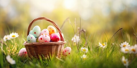 A basket full of easter eggs sitting in the grass, festive Easter background.