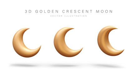 Set of golden realistic crescent moons in different positions. Vector illustration with shadows. Symbol of Islam. Templates for religious compositions, illustrations. Web design