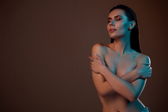 Photo of stunning girlfriend touch body after spa bath shower enjoy freshness purity over brown background