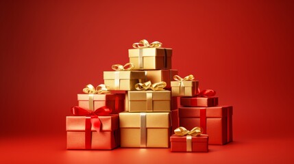 Obraz premium Festive stack: golden gift boxes with red ribbons on vibrant red background