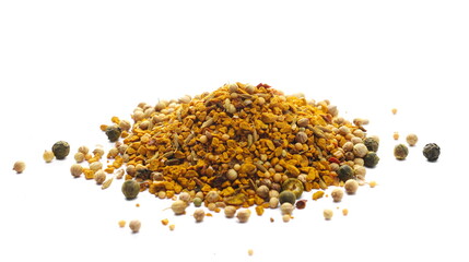 Pile curry spice mix, turmeric, fenugreek, mustard, coriander, paprika, pepper and cumin isolated...