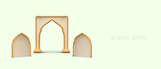 Arabic arches for doors and windows. Decorative architectural frames. Golden ornaments for mosque. Set of vector realistic elements. Empty surfaces, mockup