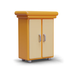 Wardrobe with cornice and two doors. Furniture in cartoon style, side view. Closed cabinet. Isolated model with shadow. Classic interior item, closet, dresser