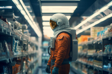 Generative AI picture of astronaut spaceman woman do space walk working space station in outer...