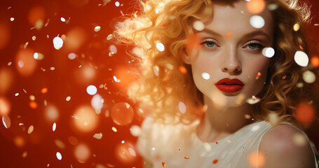 Golden-haired woman with red lips. Amidst golden and red sparkles. Valentine's Day vibes. Image for poster retro-themed event or party. Lookbook photography, fashion poster. Banner with copy space.
