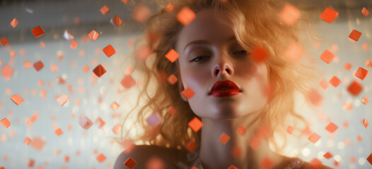 Golden-haired woman with red lips. Amidst golden and red sparkles. Valentine's Day vibes. Image for poster retro-themed event or party. Lookbook photography, fashion poster. Banner with copy space.