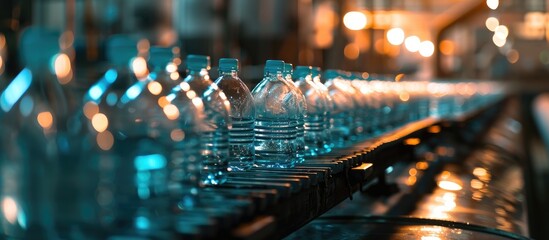 Empty PET bottles on a conveyor belt during the water factory's filling process, using advanced plastic bottle manufacturing technology. - obrazy, fototapety, plakaty