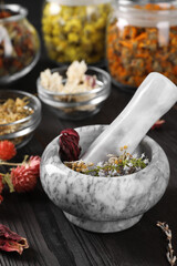 Mortar with pestle and many different herbs on wooden table, closeup