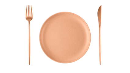 Empty vintage style pink coral plate with fork and knife isolated on white background. Trendy color of 2024 year Peach Fuzz.