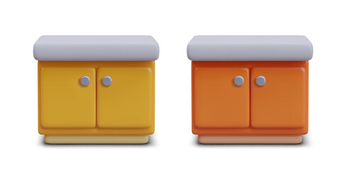 Orange and yellow dressers. Bedroom furniture. 3D image in cartoon style. Color illustration for furniture store. Bright icons, vector on white background