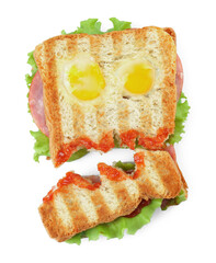 Cute monster sandwich with fried eggs isolated on white, top view. Halloween snack