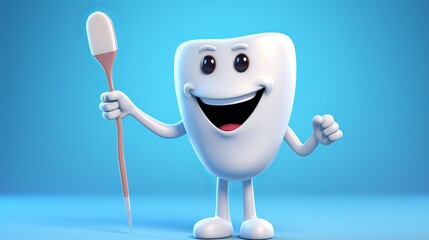 Cheerful cartoon tooth with bright smile, clean teeth, and toothbrush on blue gradient