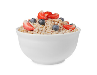 Tasty boiled oatmeal with berries in bowl isolated on white