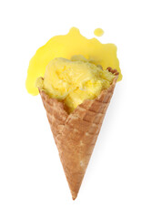 Melting ice cream in wafer cone isolated on white, top view