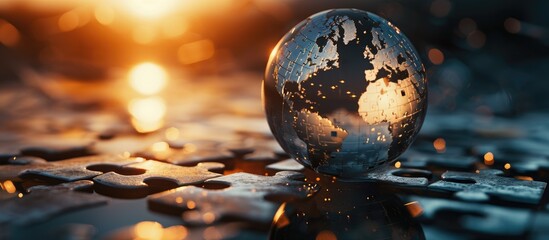 Floating puzzle piece above shiny globe.