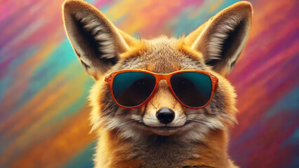 Cool fox with sunglasses on colorful background. Generative ai - obrazy, fototapety, plakaty