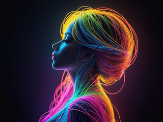 A woman with long hair and neon lights