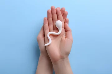 Fotobehang Reproductive medicine. Woman holding figure of sperm cell on light blue background, top view © New Africa