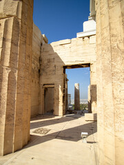 Nike Propylaea, the entrance of the ancient Acropolis of Athens Ruins. View of the Propylaea Entrance Gateway Ruins at the Acropolis. 