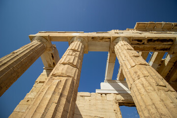 Nike Propylaea, the entrance of the ancient Acropolis of Athens Ruins. View of the Propylaea...